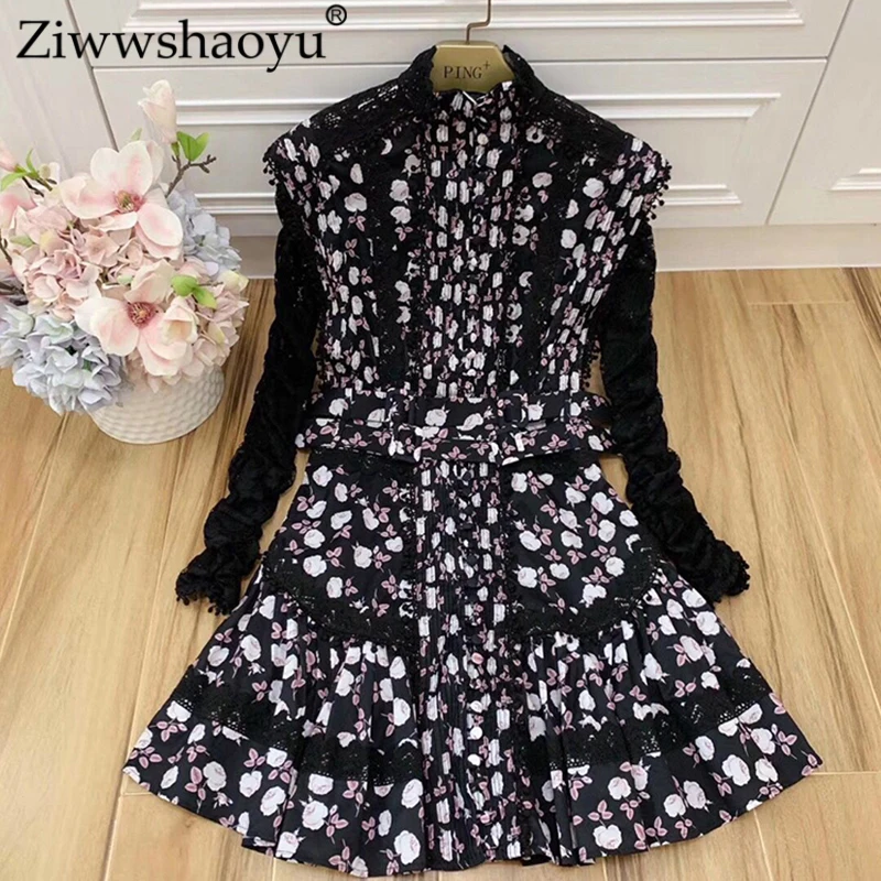 

Ziwwshaoyu Elegant Print dresses Stand Sashes Draped Patchwork dress Autumn new women