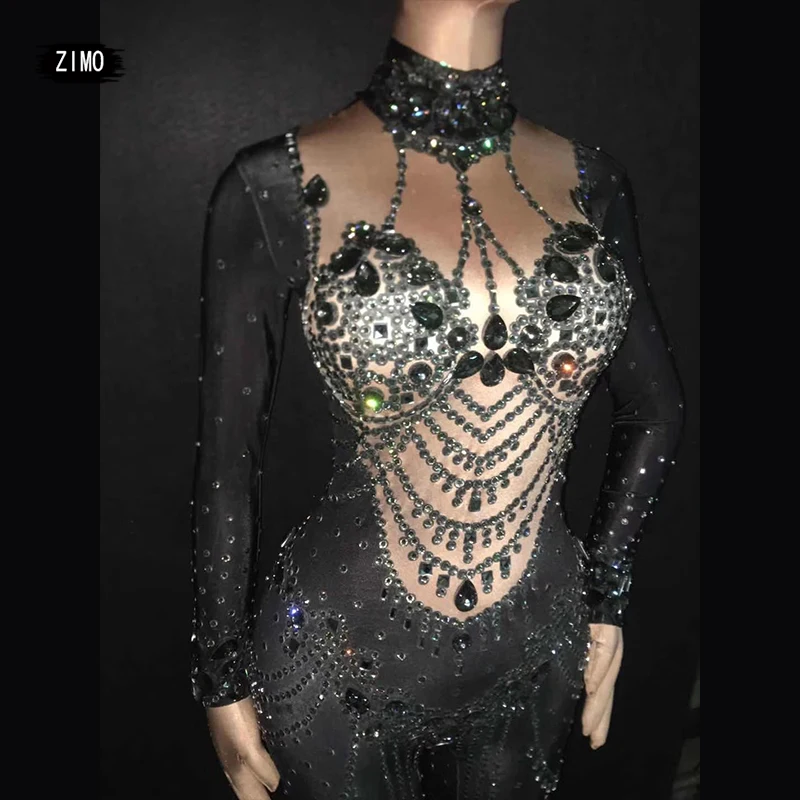 Black Rhinestones Jumpsuit Women sexy Birthday Dance Party Prom Nightclub Singer Show Stage Rompers designer clothes drag queen