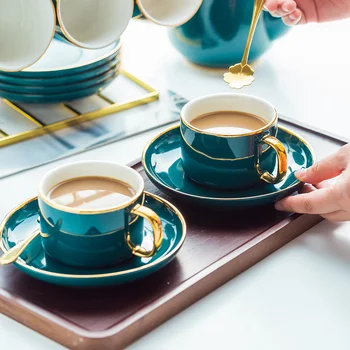 

European Luxurious Gold Rim Ceramics Coffee Tea Cups Golden Top Grade Bone China Saucer Set Birthday Couples Gifts Friends Cup