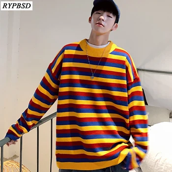 

2019 Winter Men's Multicolor Stripe Sweater Pullover Long Sleeves Coats In Warm Cashmere Casual Male Knitting Woolen Sweaters
