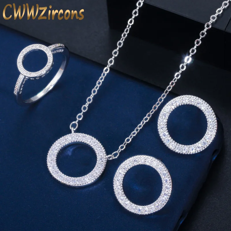 

CWWZircons Brand Classic Cubic Zirconia Crystal Love Round Ring Pendant Necklace and Earrings Fashion Jewelry Set for Women T352