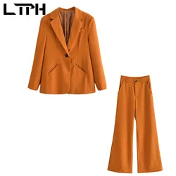 Ltph sólido imitação de cânhamo 2 peça conjunto feminino único botão manga longa blazer cintura alta magro calças largas 2021 outono novo