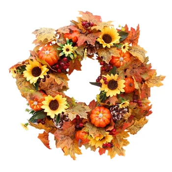 

Artificial Sunflower Pumpkin Pine Cone Berry&Maple Leaf Wreath,for Halloween&Thanksgiving Home Arrangement Decoration