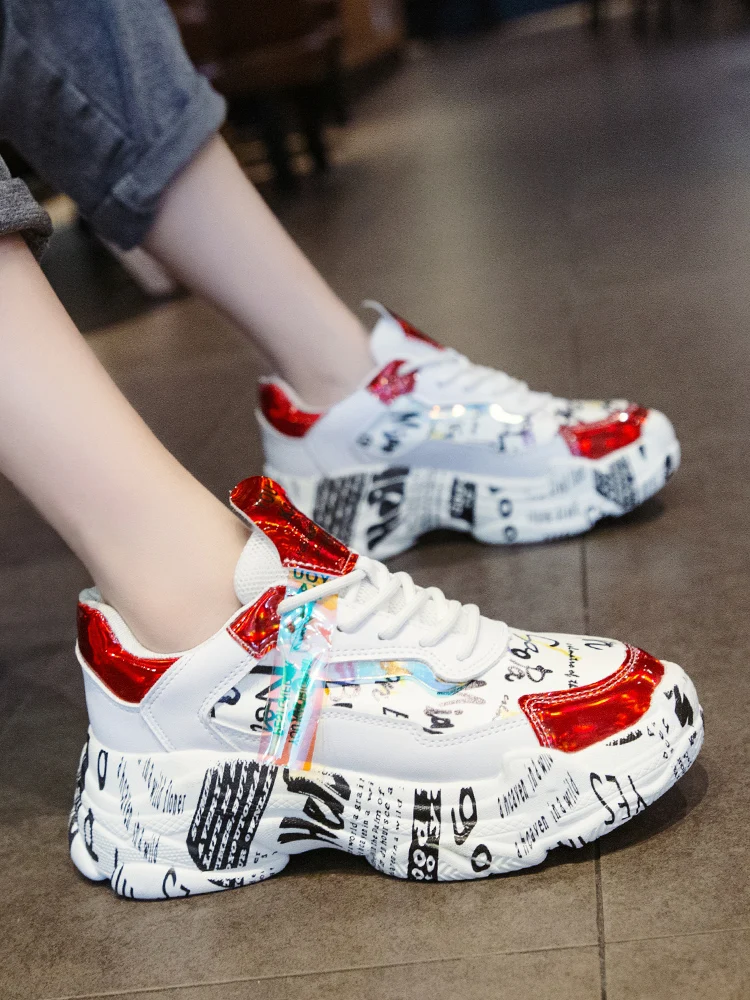 

autumn and winter 2020 Net red graffiti sneakers women's trend new style breathable net face muffin thick bottom casual shoes