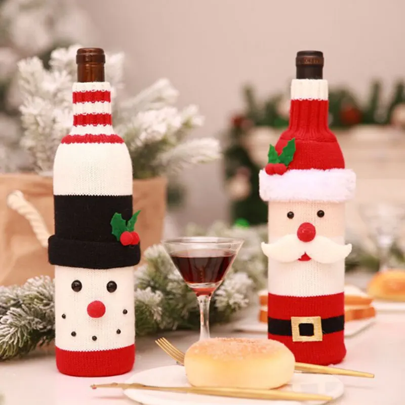 Cute Plush KnittingSanta Claus Doll Wine Bottle Cover for Christmas Decorations New Year Stocking Gift Holders Bags Navidad