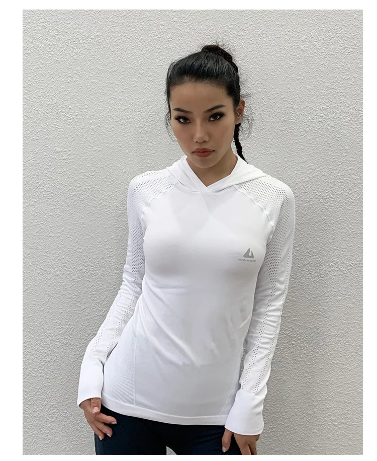 Женские футболки для йоги Femme толстовки для бега спортивная фуфайка сетчатая полая Спортивная футболка тренировочная футболка с капюшоном топы Спортивная тренировочная блуза