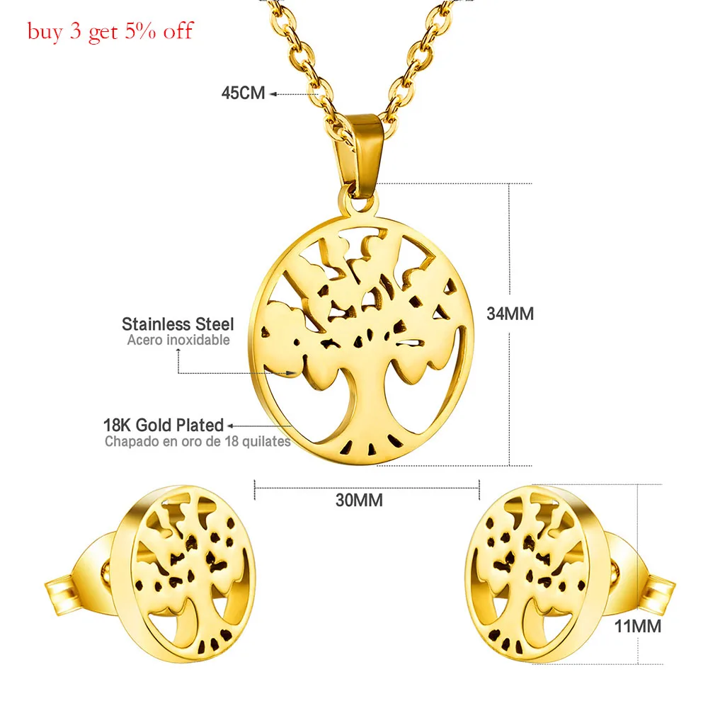 Fashion Gold Stainless Steel Pendant Necklace Earrings Lady Wedding Jewelry Set