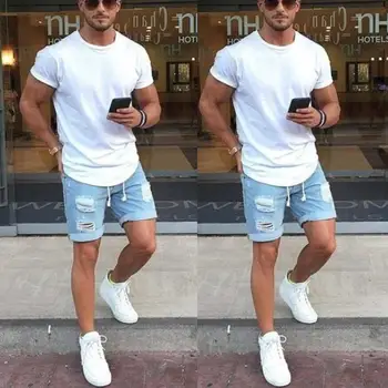 

2019 New Summer New Pattern Jeans Male European Station Pure Color Hole Leisure Time Cowboy Shorts