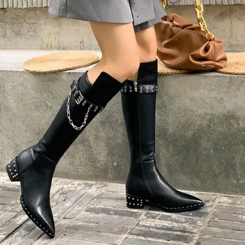 

Womens Pointy Toe Genuine Leather Knee Thigh High Boots Rivet Metal Chain Punk Motorcycle Chunky Heel Riding Shoes Warm Winter