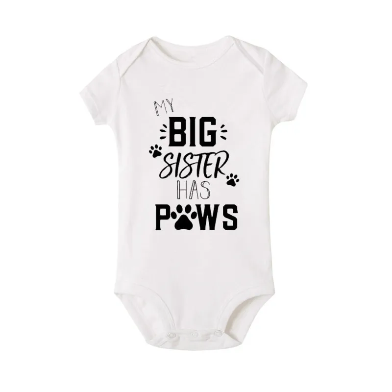 Милый Летний Детский комбинезон с надписью «My Big Sister Has Paws», для новорожденных, с короткими рукавами, для маленьких мальчиков и девочек, Экипировка Одежда комбинезон для детей от 0 до 18 месяцев - Цвет: Белый