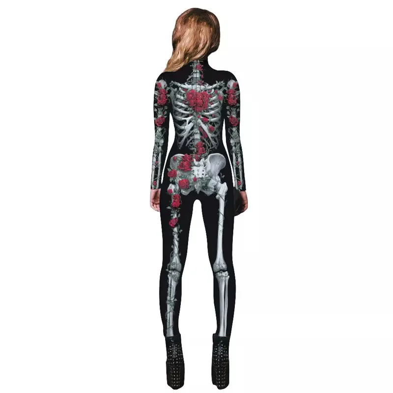 Adult Women Halloween Costume Fashion Scary Rose Skeleton Jumpsuit Ladies Fancy 3D Print Horror Catsuit Outfit For Girls S-XL