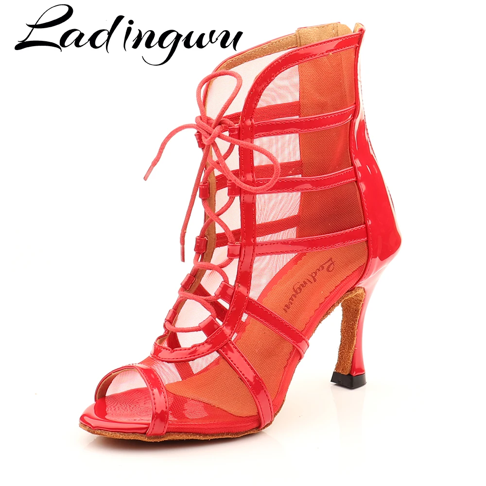 Ladingwu Woman Latin Dance Shoes Red Beige Ballroom Dance Boots Women Salsa Tango Dancing Shoes Girls Soft Bottom Sandals