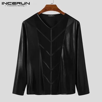 

Fashion Men T Shirt Mesh Pu Leather Patchwork Streetwear V Neck Long Sleeve Tops Sexy Nightclub Party Men T-shirts S-5XL INCERUN