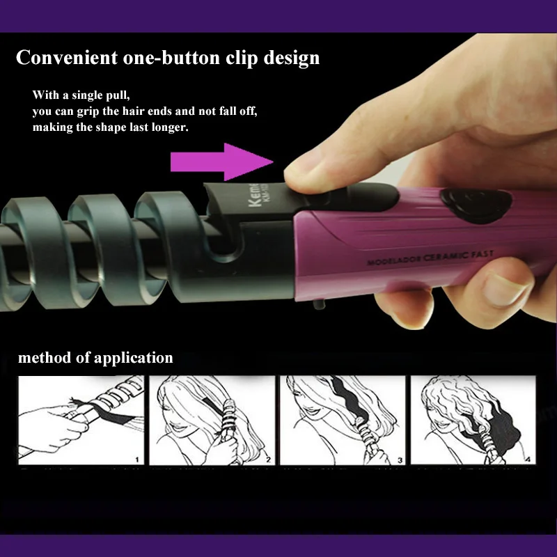 Kemei KM-1026 Professional Electric Hair Curler Roller Spiral Curling Iron Wand Ceramic Coating Fashionable Wavy Hairstyle Tools