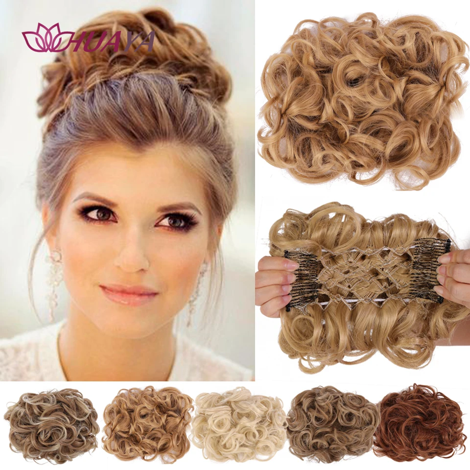 HUAYA Chignon riccio panino disordinato Updo Clip in estensioni per capelli con forcine fascia elastica panino per capelli sintetico biondo nero