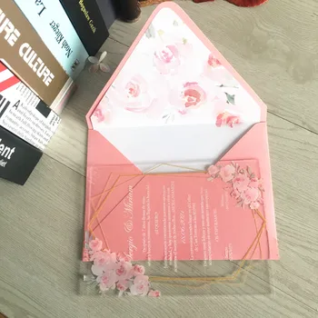 

Flower Invitation Cards for Wedding Birthday Party 10pcs with Pink Matching Envelop Acrylic Invitations Luxury Transparent Cards
