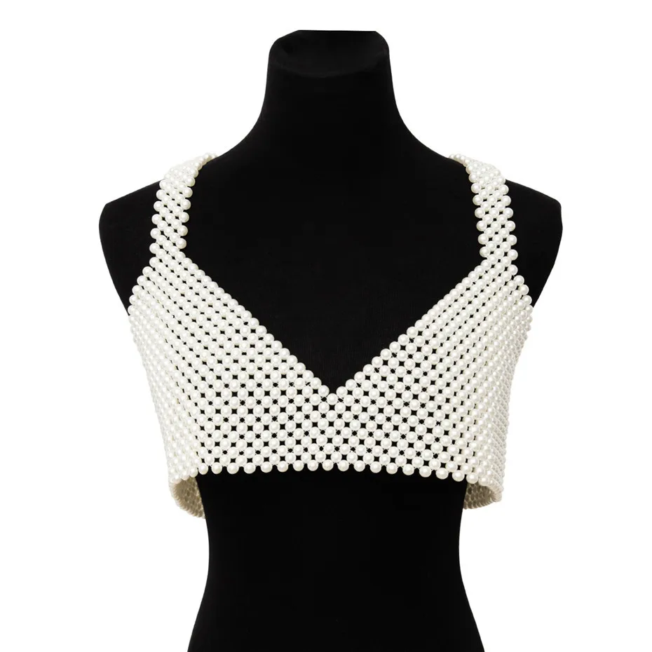 IngeSight.Z Korean Bohemian Handmade Simulated Pearl Body Chain Necklace Sexy Harness Bra Chain for Women Jewelry Wedding/Party