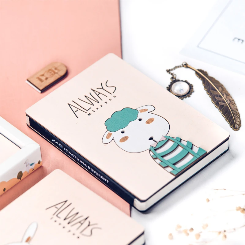 A5 A6 A7 Notebook Set Cute Cartoon Wood Art Cover Bullet Journal With Crystal Bookmark For Girls Writing School Stationery Gift