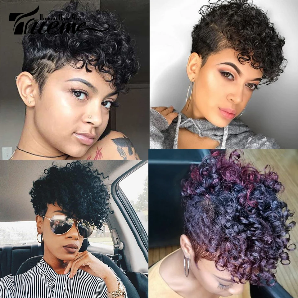 Trueme Fashion Pixie Cut Fumi Curly Human Hair Wigs Brazilian Curly Remy Hair Wig Short Wig For Black Women Full Machine Wig