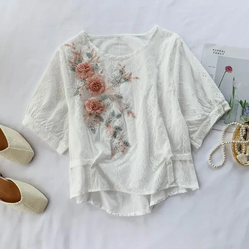 Neploe вышивка 3D цветок блузка, женские рубашки корейский короткий рукав o-образным вырезом Blusas нерегулярные белые милые топы 54131