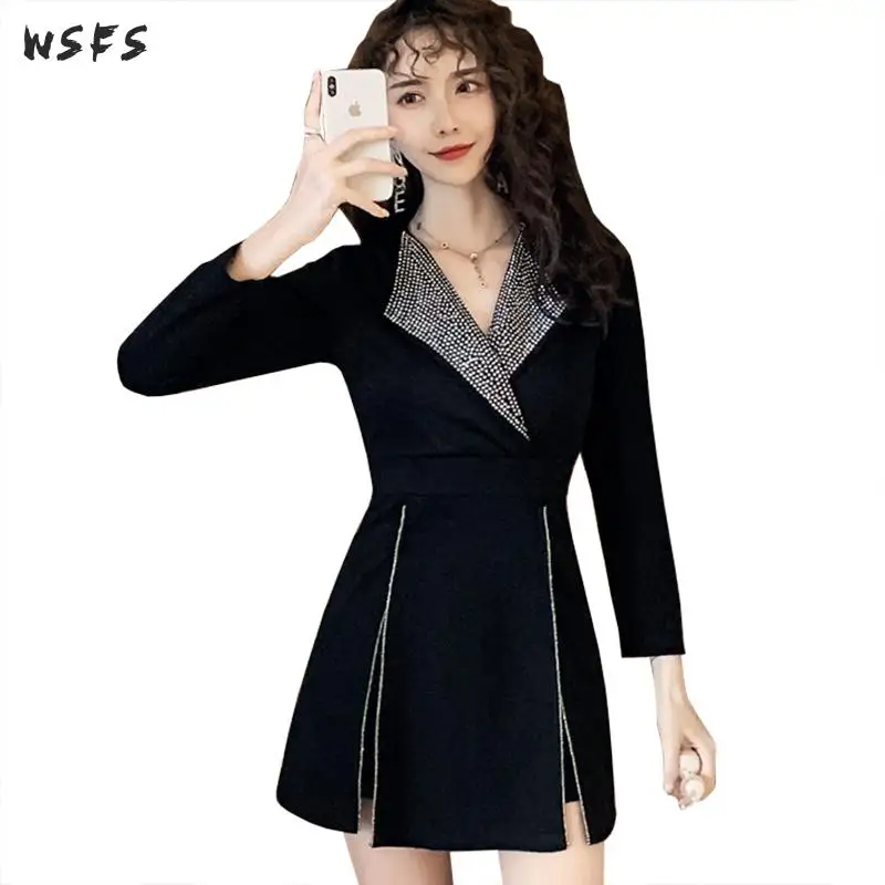 

2 Piece Set Autumn Dresses Black Drilling Long Sleeve Top Womens Dress Mini Shorts Suit Elegant Office Ladies Sexy Party Clothes