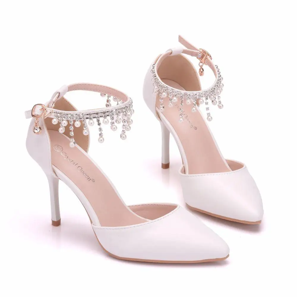 Hinyyrin Womens Tassels Rhinestone Heeled Sandals Wedding Dress White Sandals Stiletto Heel Pearl
