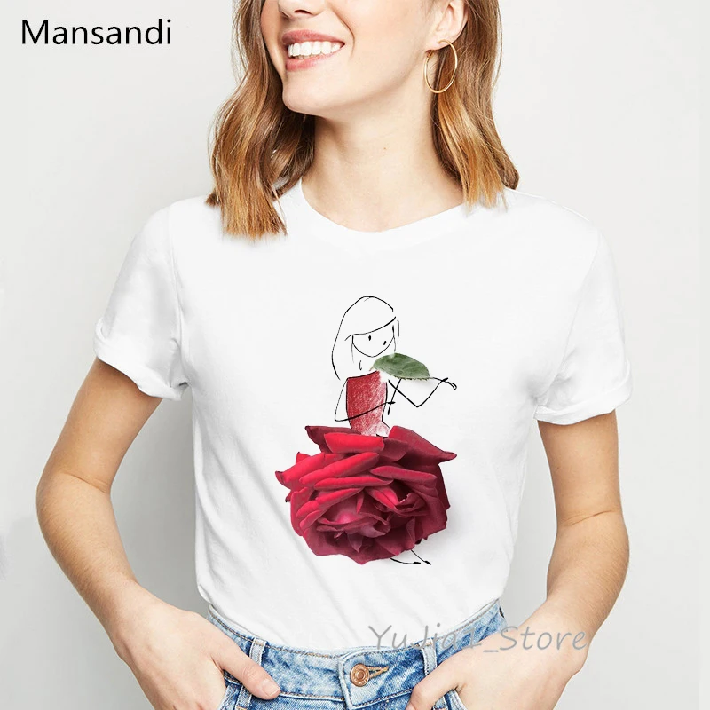 Иллюстрация в виде цветов красной розы Юбка принт футболка женская одежда vogue футболка femme harajuku рубашка летние топы Футболка