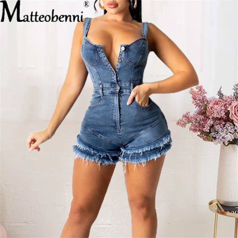 Sexy Jean Playsuit Summer Overalls Solid Sleeveless Spaghetti Strap Bodycon Denim Playsuit Women One Piece Romper Short Jumpsuit jumpsuits woman summer 2023 sleeveless wrapped chest fashion sexy slim fit high waist lace up jumpsuit women s overalls playsuit