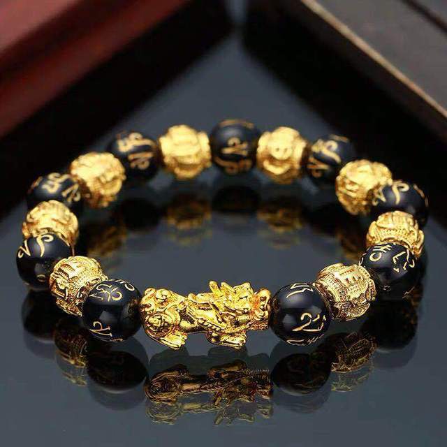 Shui Obsidian Stone Beads Bracelet Men Women Unisex Wristband Gold Black Pixiu Wealth and Good Luck Color Changing Bracelet
