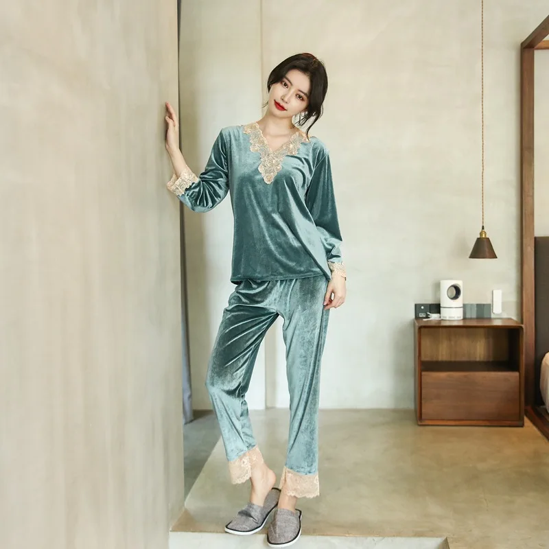 2021 Lace Pajamas for Women Comfortable Skin-friendly Long-sleeved Trousers Home Service Suit Pajamas Set Sleepwear пижама