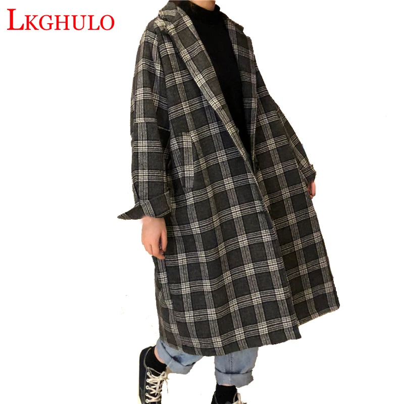 2019 Осень Зима Женское шерстяное клетчатое пальто новая мода длинное свободного