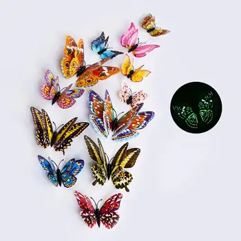 

12pcs PVC 3D wall stickes home Decor DIY Butterfly Luminous glow in dark Design Decal Magnetic magnet sticking double feather