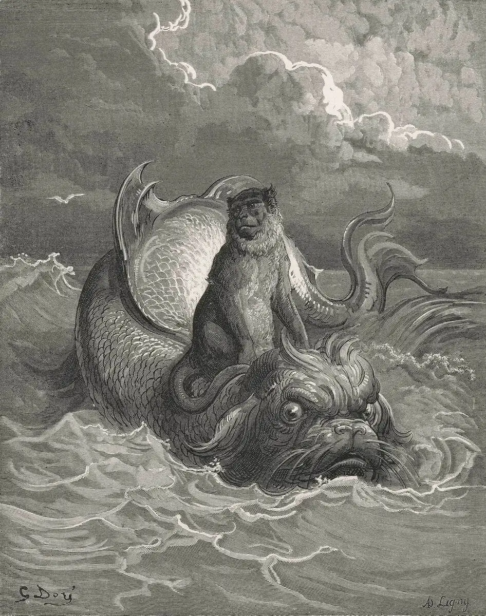Художественный постер Gustave Dore с изображением обезьяны и дельфина картины больших