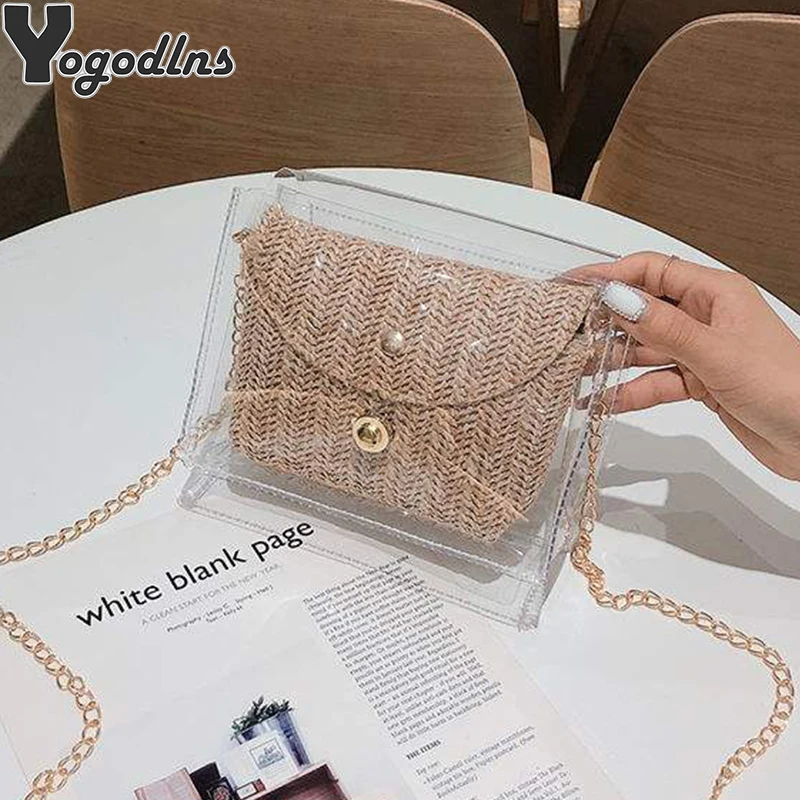 Transparent Jelly PVC Clear Bags For Women Chains Straw Crossbody Bags Female Fashion Mini Handbag and Purse Square Messenger