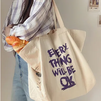 

Letter Pirnt Canvas Bag Women Casual Harajuku Fashion Korean Style One-shoulder Portable Shopping Bag Tote Handbags