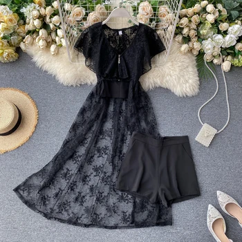 

women's design sense suit 2020 new female palace style top lace shirt and shorts three-piece fashion set