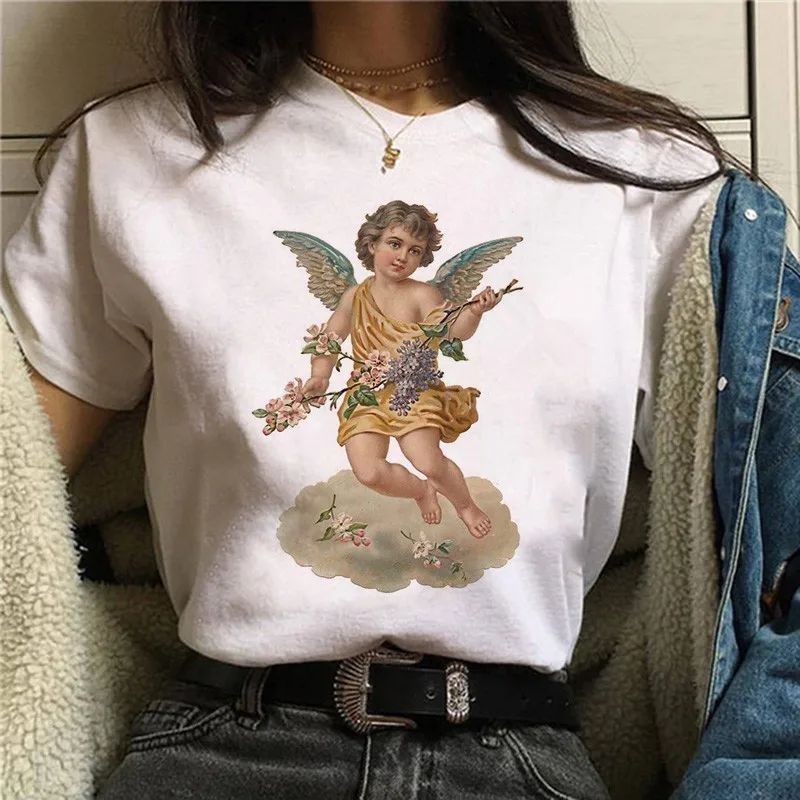 white 90s корейский стиль футболка Эстетическая Kawaii графическая Футболка Модные женские футболки Harajuku Angel забавная Футболка женская Ullzang - Цвет: white