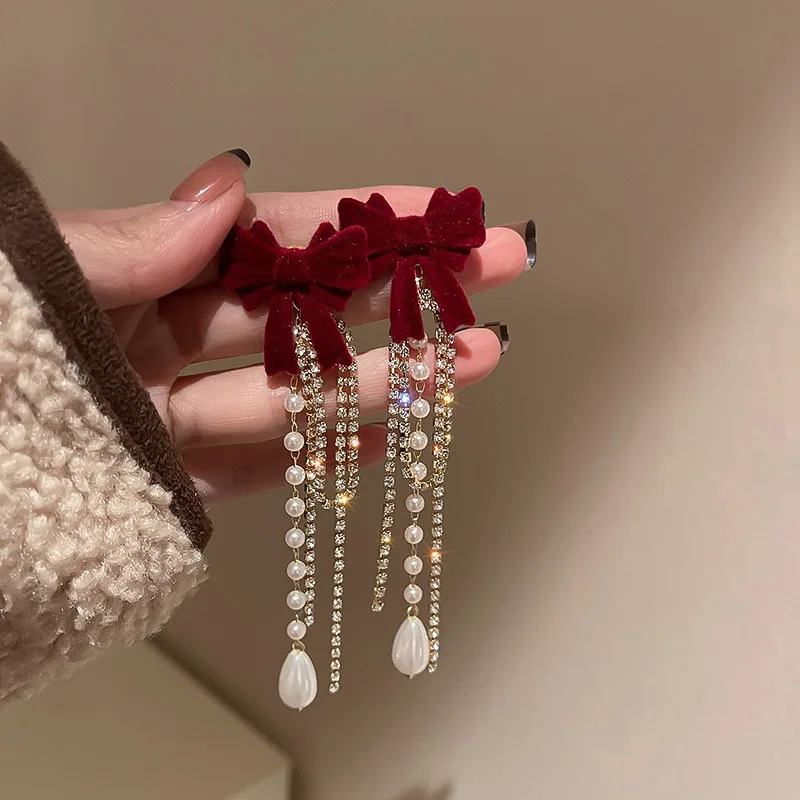 Fashion Fine Pearl Drop Earrings Long Tassels Crystal Hyperbole Style Bowknot Women Dangle Earrings Jewelry drop earrings,dangle earrings,pearl earrings,crystal earrings,long earrings,crystal tassel earrings