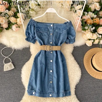 

Joinyouth Women Denim Dress Chic Summer Korean Colthes Sexy Slash Neck Off Shoulder Vintage Robe Puff Sleeve Slim Fit Dresses