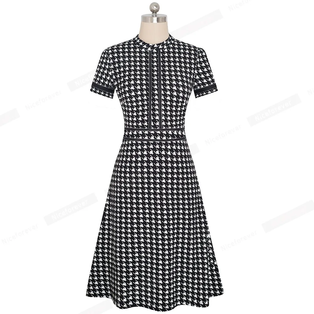 Nice-forever Vintage Elegant Patchwork Round neck Pinup Female vestidos Business Party Flare A-Line Retro Women Dress A135