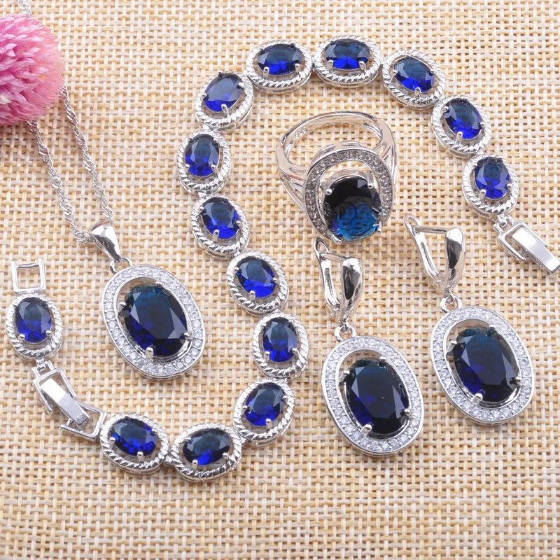 

Blue Zirconia 925 Silver Women's Wedinng Jewelry Sets Bracelet Necklace Pendant Earrings Ring Russian style YZ096