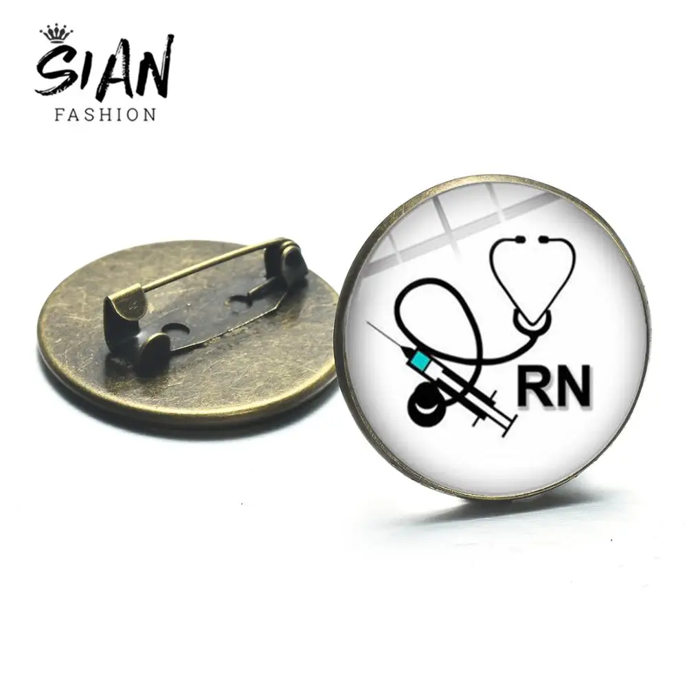 SIAN Cool Style Nurse Symbol Brooch Nursing Is A Work of Heart Cap Stethoscope Glass Round Brooches Hospital Clothes Pins | Украшения и