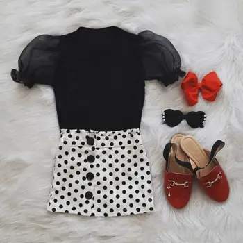 

2pcs Baby Girls Kid Clothes Toddler Baby Girl Clothes Puff Sleeve Tops T-Shirt+ Polka Dot Skirt Outfits 2020 Summer