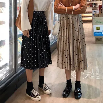 

Pleated Skirts Women Spring Summer Saia Midi High Waist Faldas Mujer Moda Plus Size Jupe Femme Vintage Velvet Dots Ladies Skirt