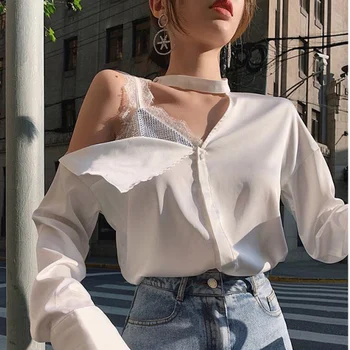 

White shirt women 2020 new effort design sense niche shirt temperament professional wear loose strapless long sleeve shirt