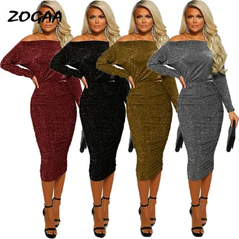 

ZOGAA New Women's Slash Neck Long Sleeve Dresses New Fashion Long Dress Bat Sleeve Loose Sexy Off Shoulder Package Hip Dress