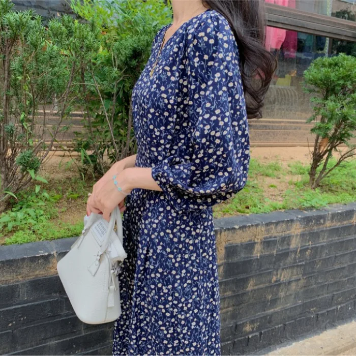 Little Flower Print Blue Dress One Piece V Neck Puff Sleeve Vintage Long Dress Spring Autumn Robe Longue Vestido Largo Vestiti