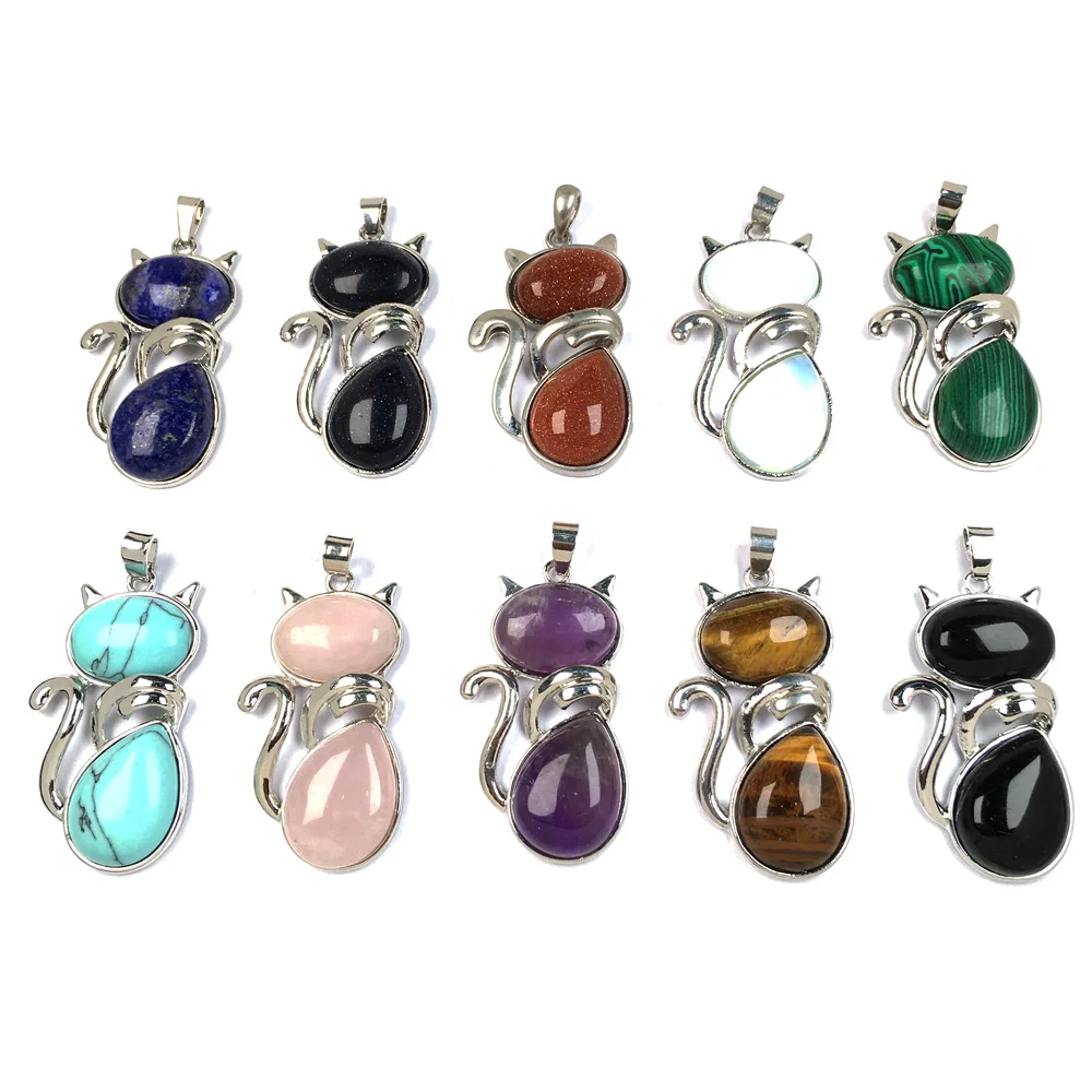 Natural Cat Shaped Semi-precious Stone Pendants Charms for Jewelry Making DIY Fit Necklaces Size 25x45mm | Украшения и аксессуары