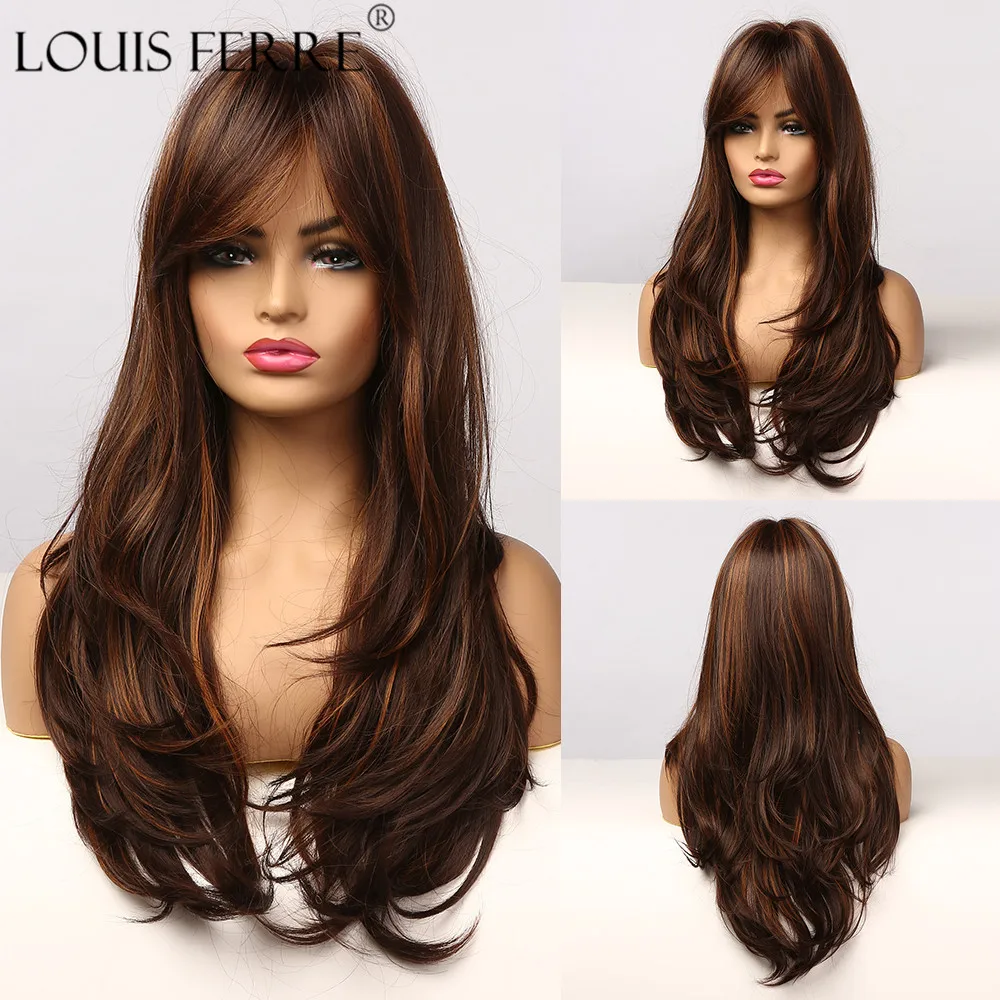 LOUIS FERRE-Peluca de colores para mujer Peluca de pelo Bob con flequillo, resistente al calor, largo, marrón, Rubio, degradado, para uso diario