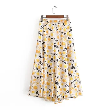 

2020 spring and summer new French niche retro high waist small daisy print was thin split fork mid-length skirt